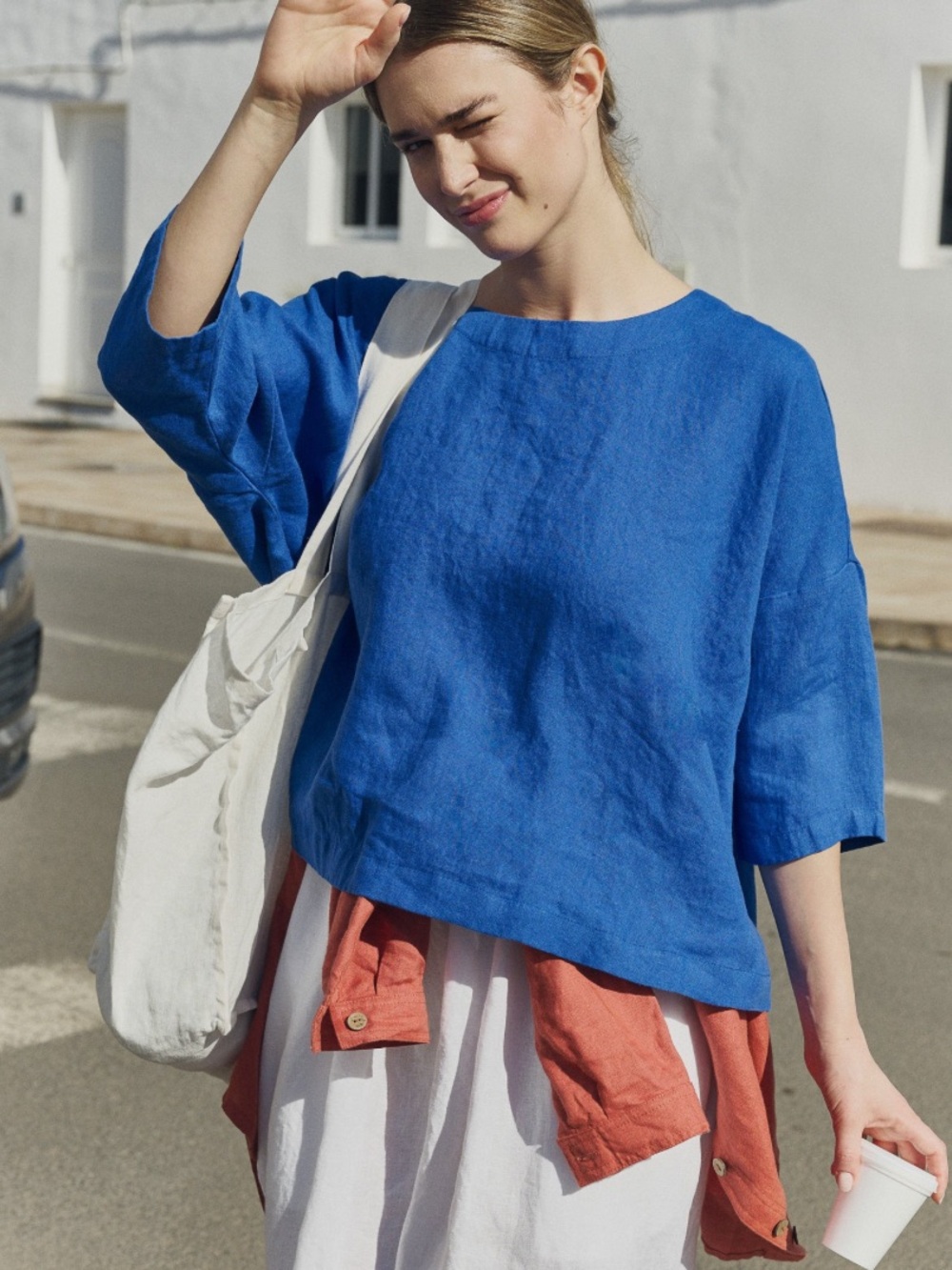 Bryn Walker Cobalt Royal Relaxed Blue 100% Linen Boatneck Oversized Top USA Made - Picture 4 of 14